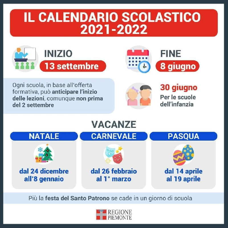 PIEMONTE – Approvato il calendario scolastico 2021-2022, con clausola di “salvaguardia”