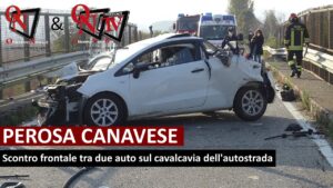 PEROSA CANAVESE – Scontro tra due auto sul cavalcavia (FOTO E VIDEO)