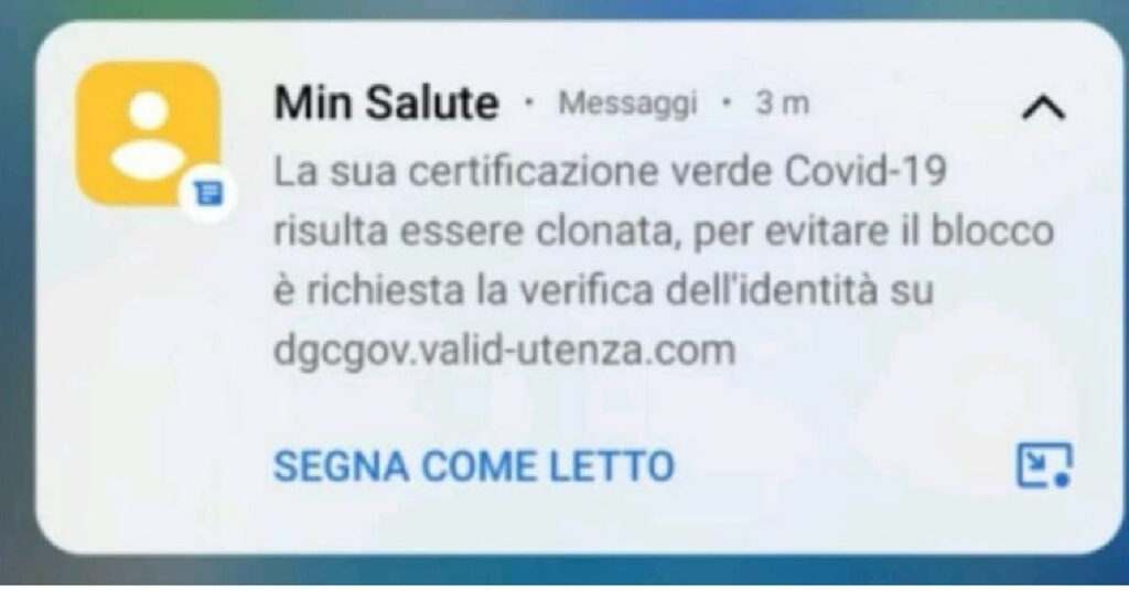 CANAVESE – Ultima truffa: “La sua certificazione verde Covid-19 risulta essere clonata” 1 CANAVESE – Ultima truffa: “La sua certificazione verde Covid-19 risulta essere clonata”