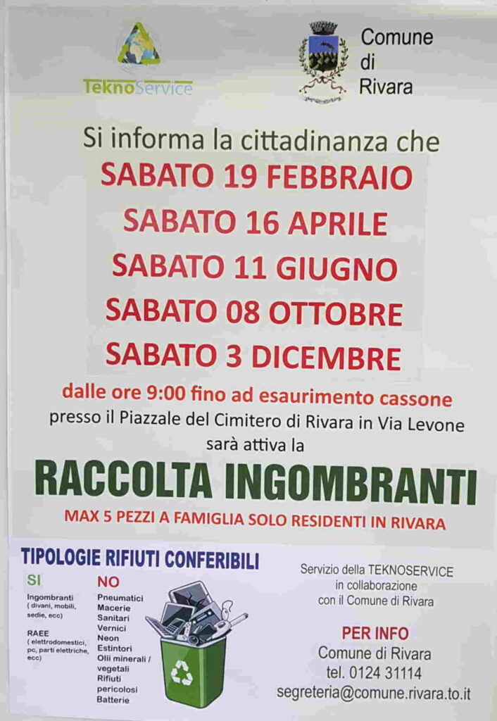 RIVARA - Nuovo appuntamento con la raccolta rifiuti ingombranti 1 RIVARA - Nuovo appuntamento con la raccolta rifiuti ingombranti