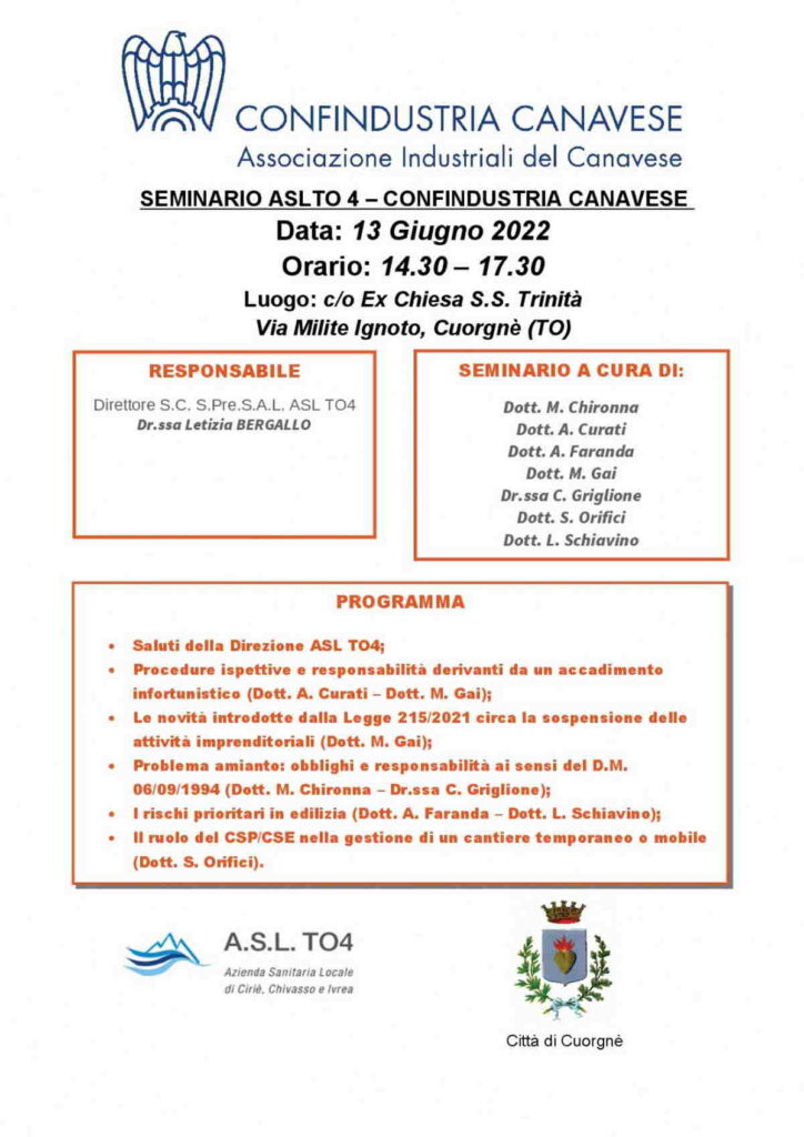 CUORGNE' - Confindustria Canavese e ASL TO4: seminario dedicato alla sicurezza sul lavoro