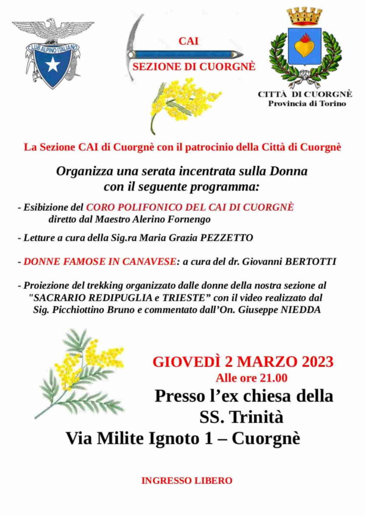 CUORGNE' - Il CAI organizza una serata incentrata sulla Donna 1 CUORGNE' - Il CAI organizza una serata incentrata sulla Donna