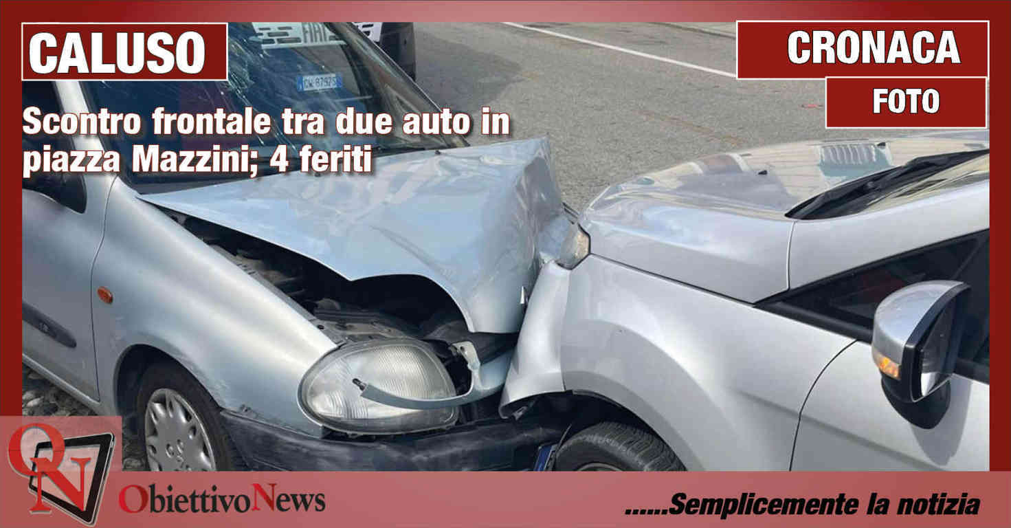 CALUSO – Scontro frontale tra due auto in piazza Mazzini; 4 feriti